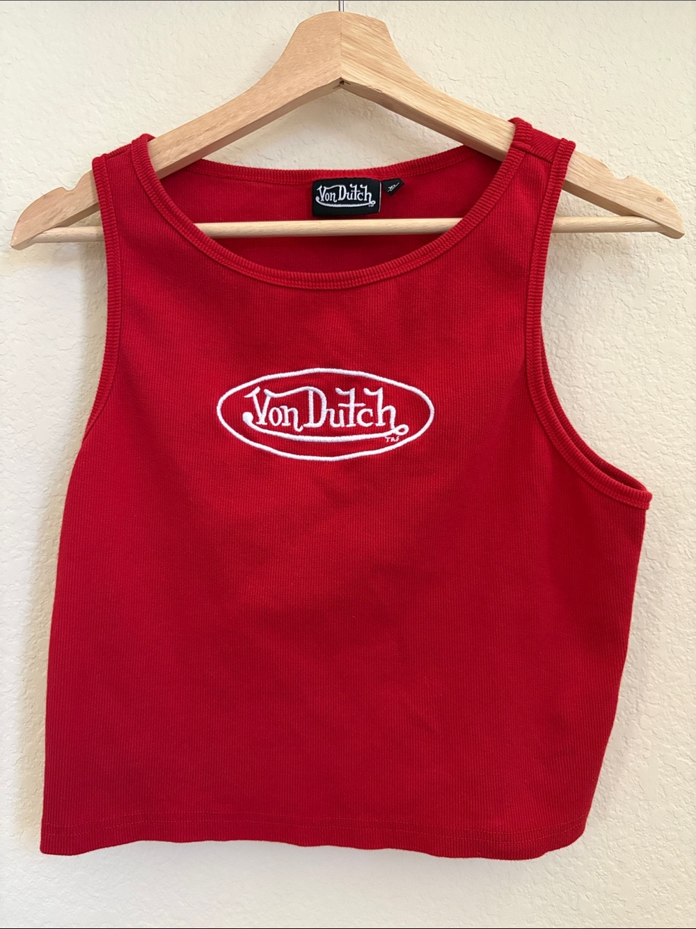Von Dutch Red Ribbed Logo Crop Tank